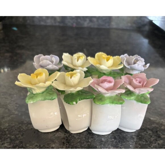 Set Of 8 Diamantine China Floral Napkin Rings Pink Roses & Yellow Daffodils - Picture 14 of 16